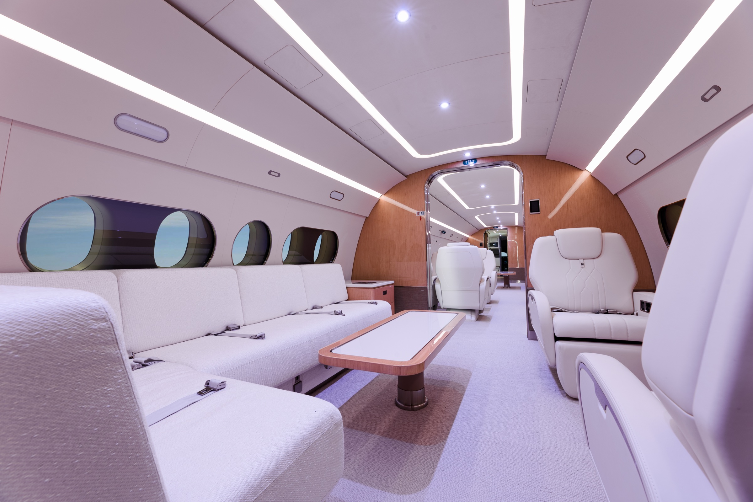 ACJ220 lounge and divan viewed along the cabin