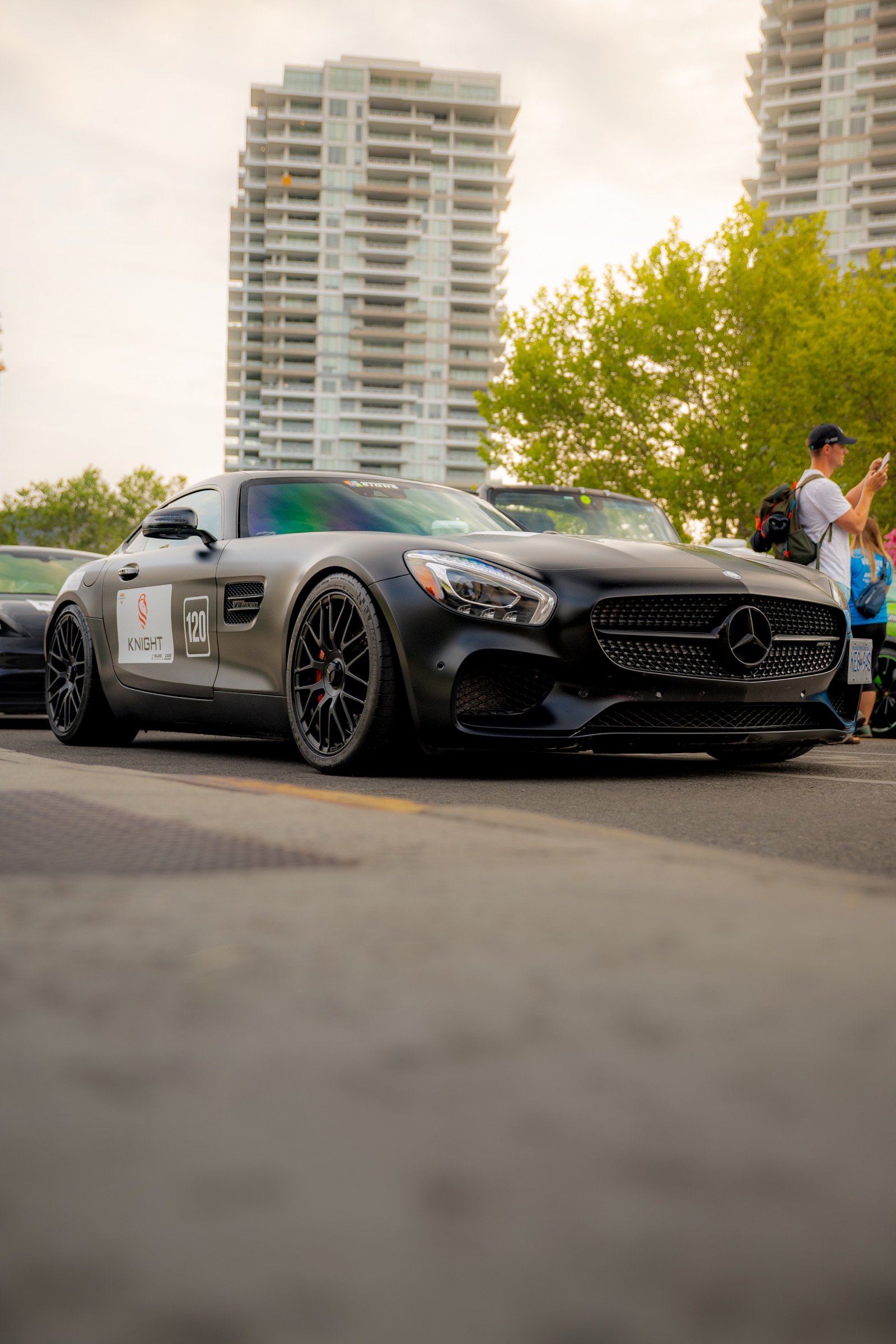 Matte black Mercedes-AMG GT displayed in downtown Kelowna