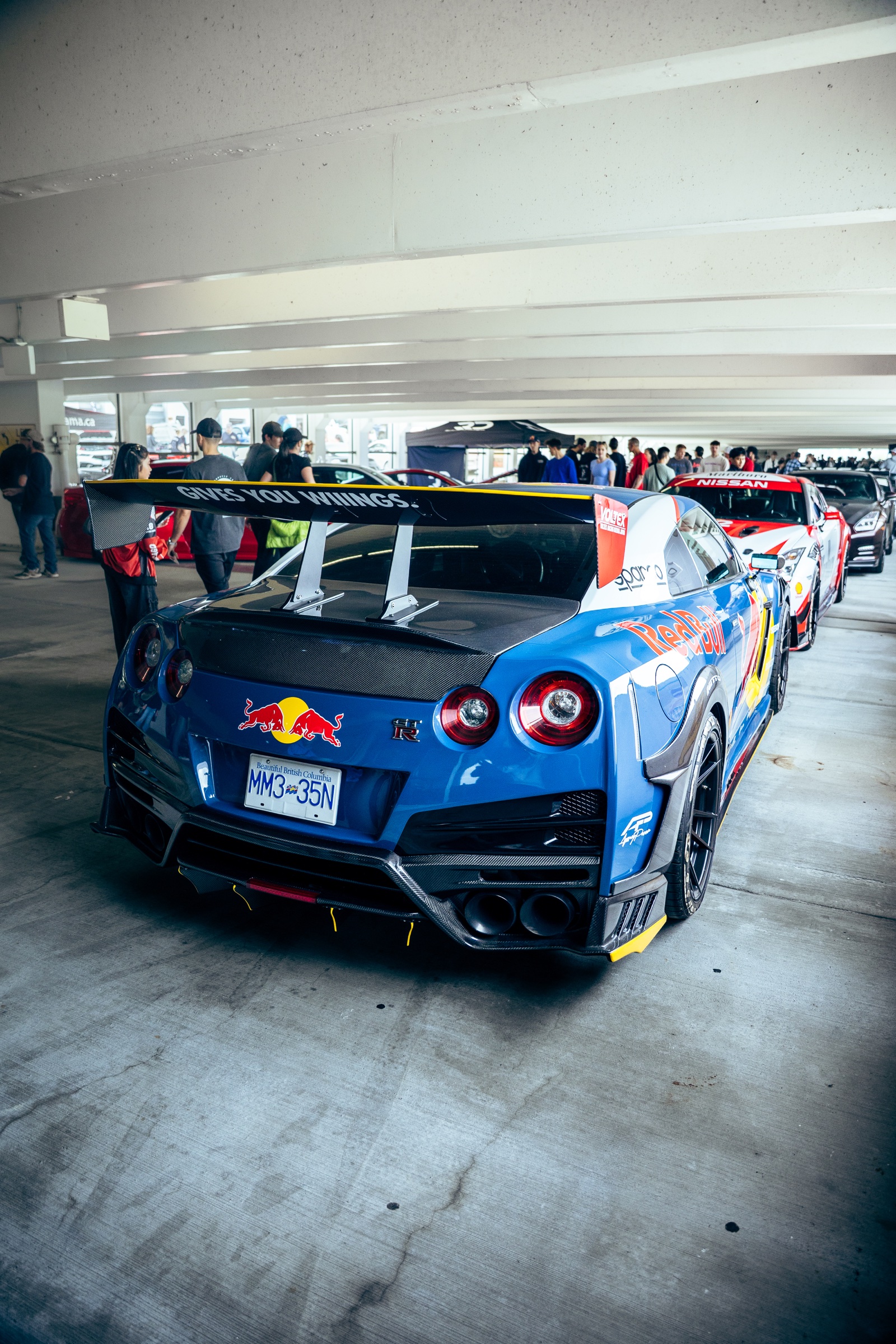 Rear view of a Red Bull liveried Nissan GT-R