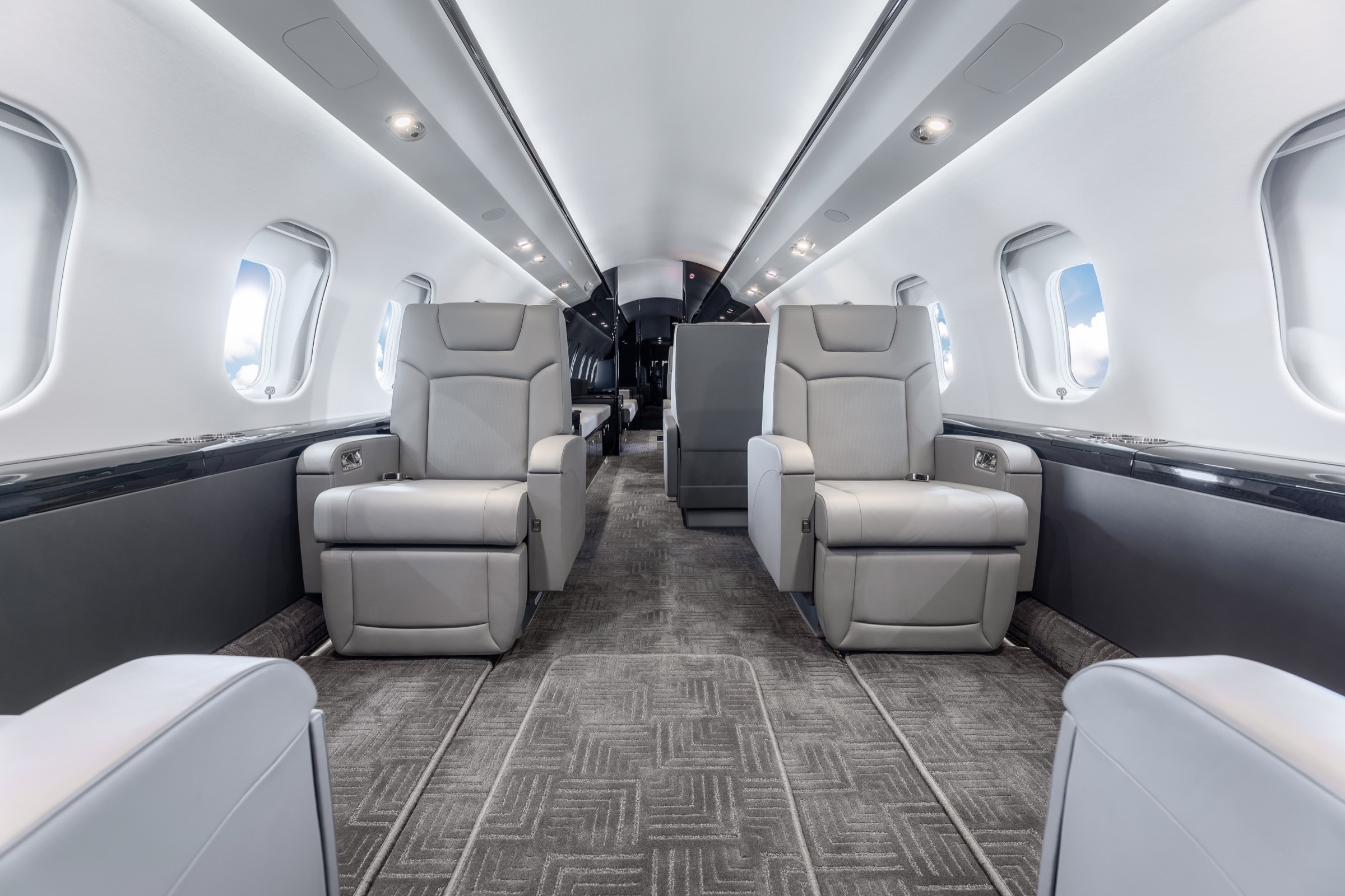Global 6000 cabin viewed down the centre aisle