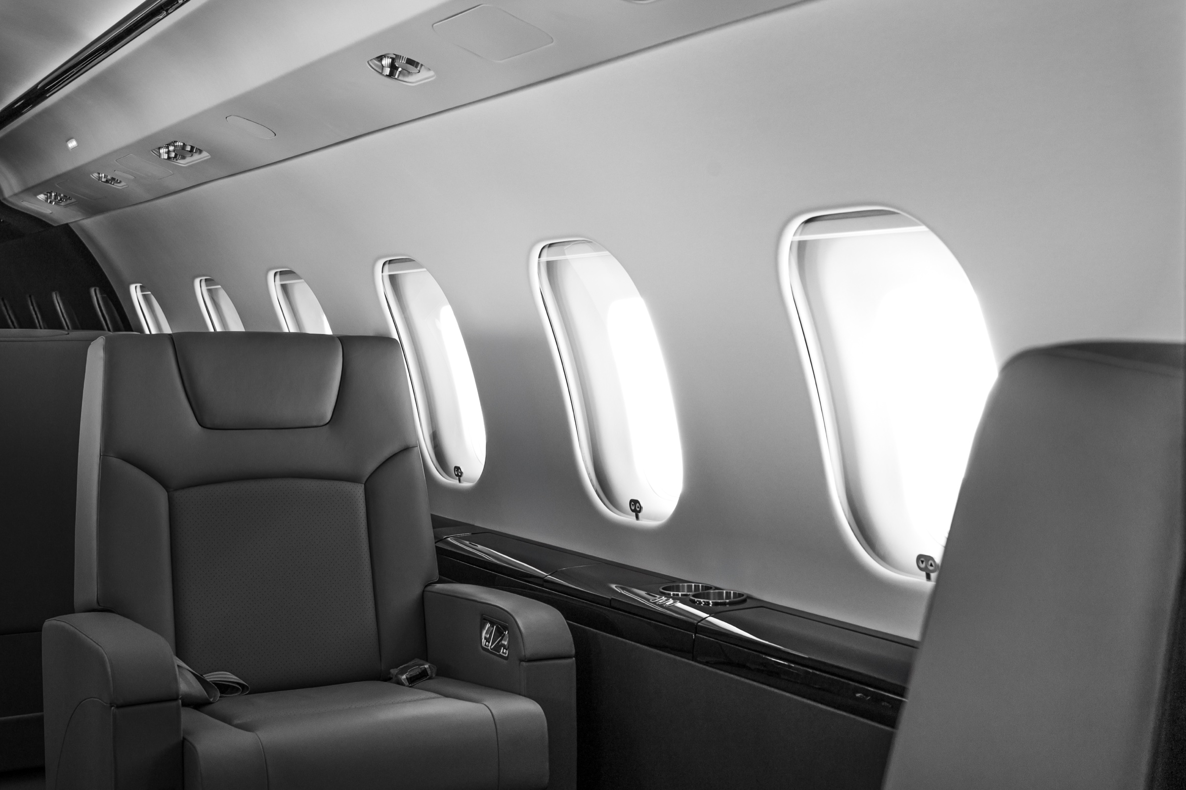 Black-and-white Global 6000 cabin detail