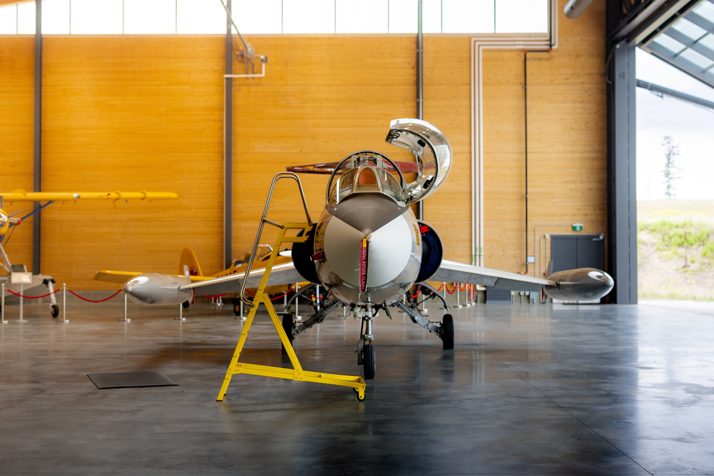 Aircraft displayed head-on inside the KF Centre for Excellence